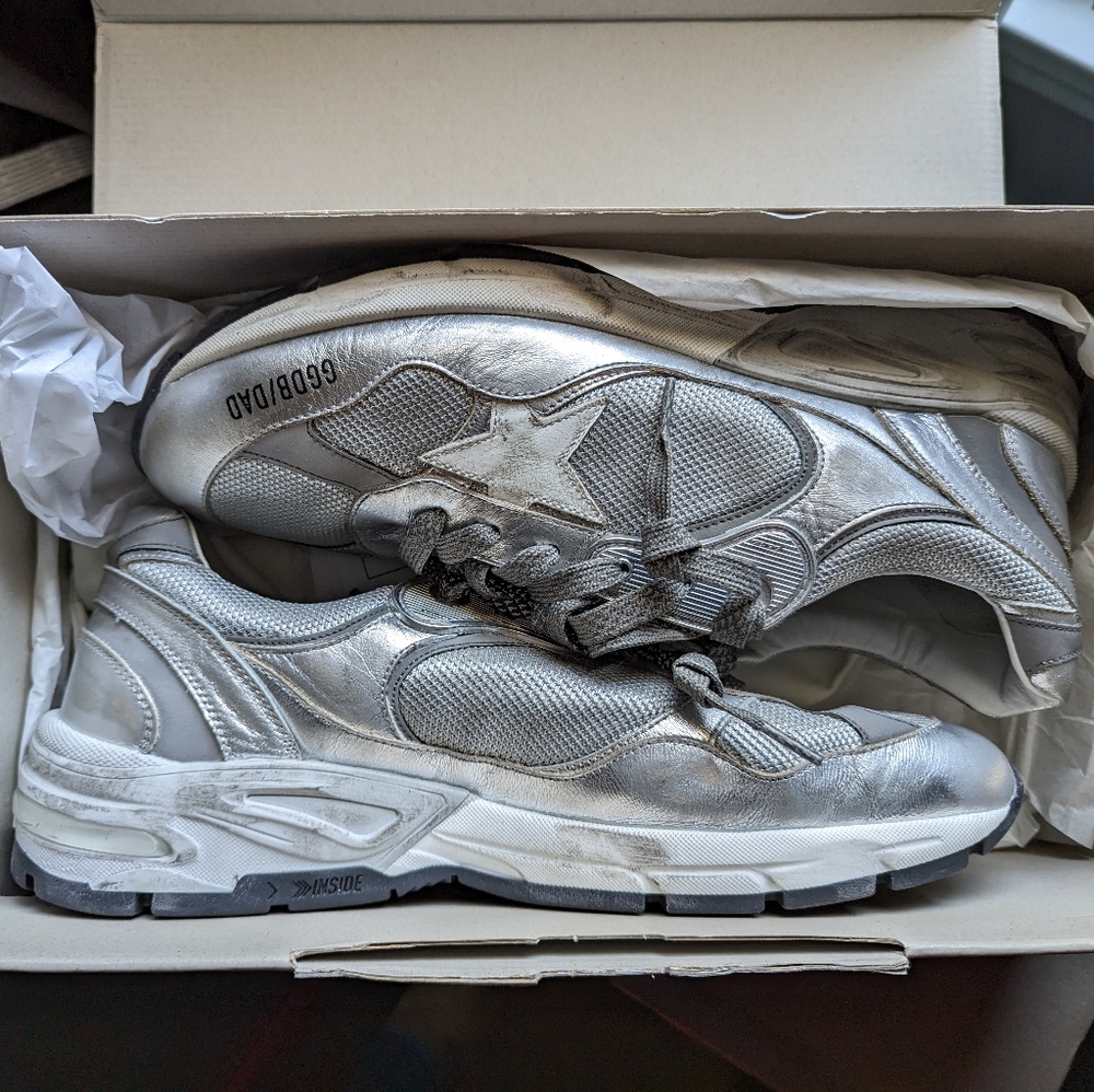 Golden Goose Running Dad Silver Leather Sneakers Size 44 Worn Once